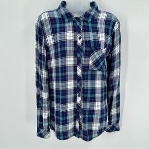 RAILS Shirt Size XS Navy Teal Plaid Flannel Button Down Rayon Blouse Top -READ